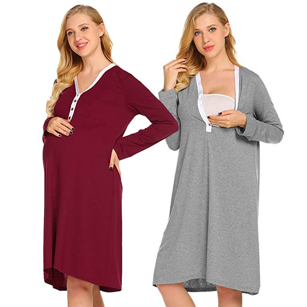 Maternity Dress for Hospital Nightgown Pregnant Women Nursing Nightwear  Casual Short Sleeve Breastfeeding Gown